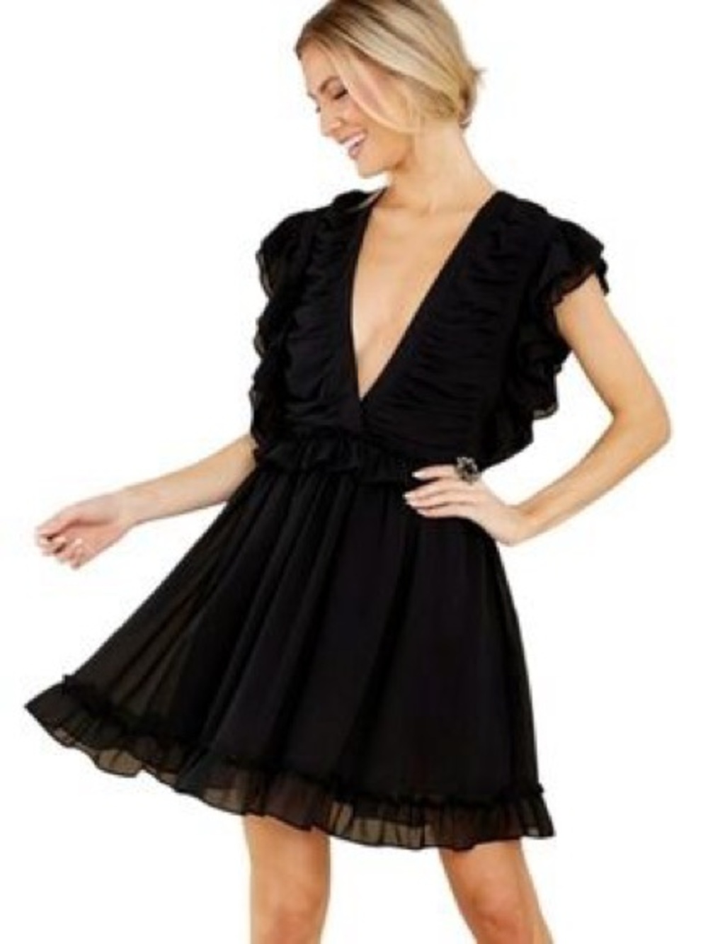 Storia Black Ruffle V-Neck Mini Dress